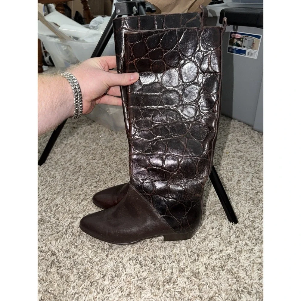 VTG Croc Embossed Leather Boots Women's 7 Brown Knee High Jacqueline Ferrar 90s